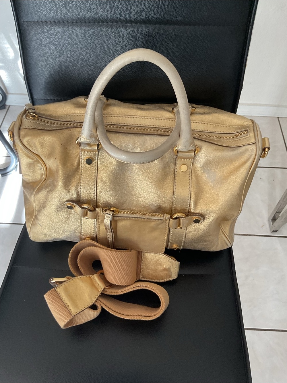 Dolce &  Gabbana Gold Metallic Satchel Handbag with Detachable Strap